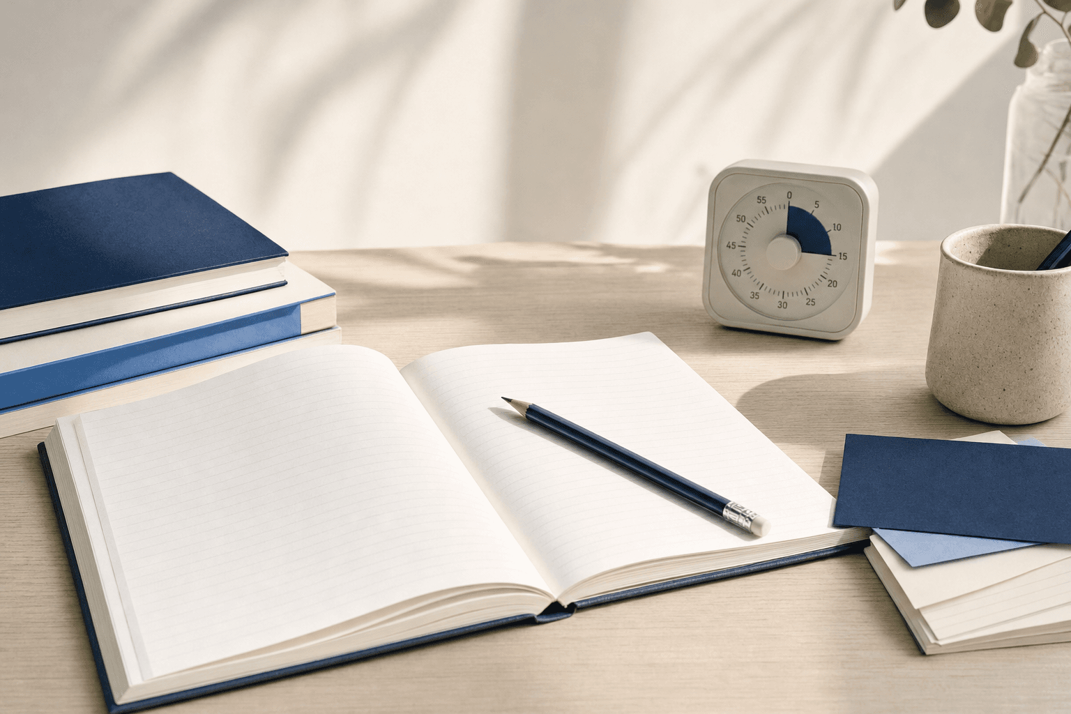 An open notebook, pencil, timer, and study materials in soft morning light