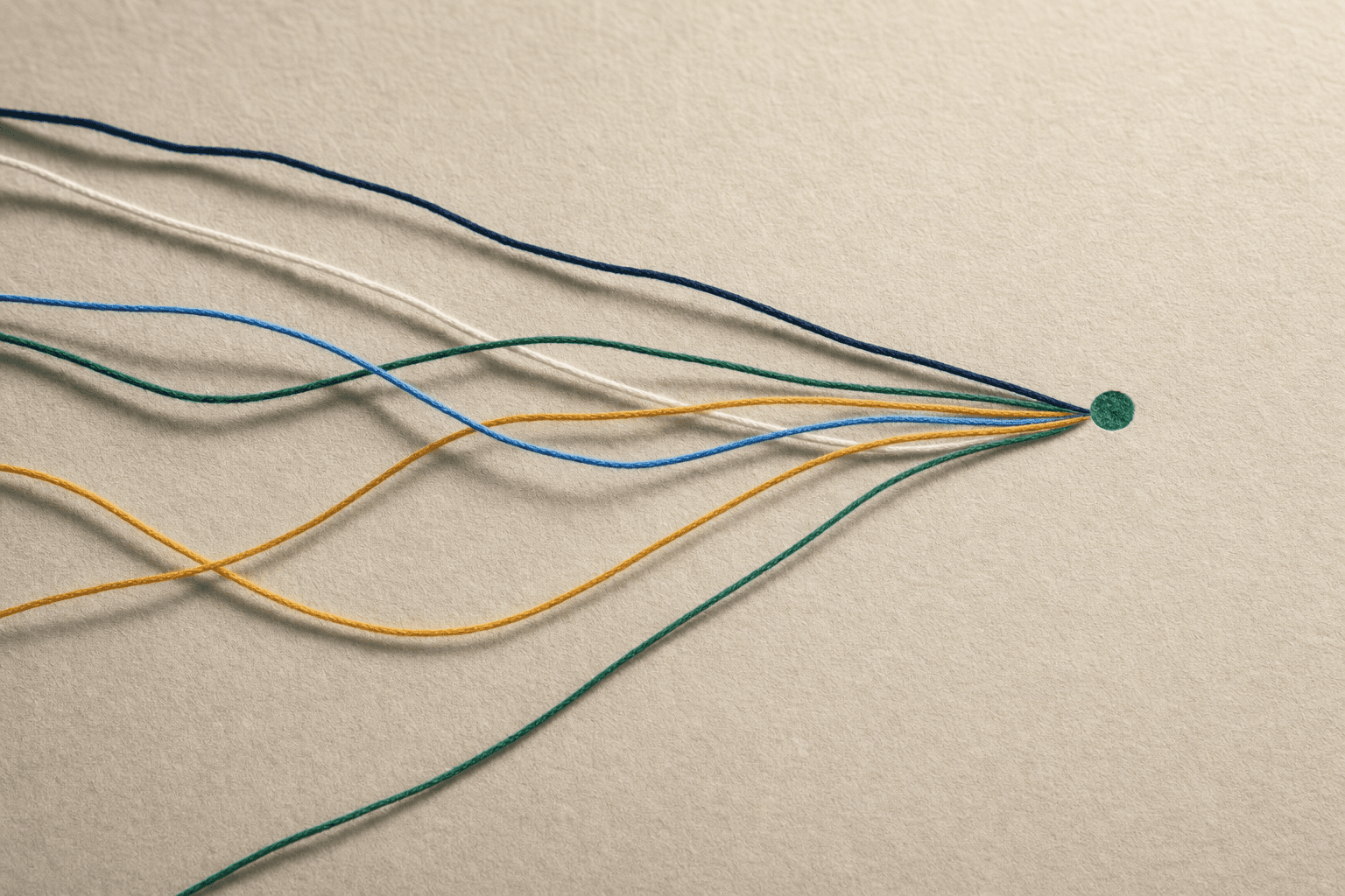 Colored threads on paper converging on one green point