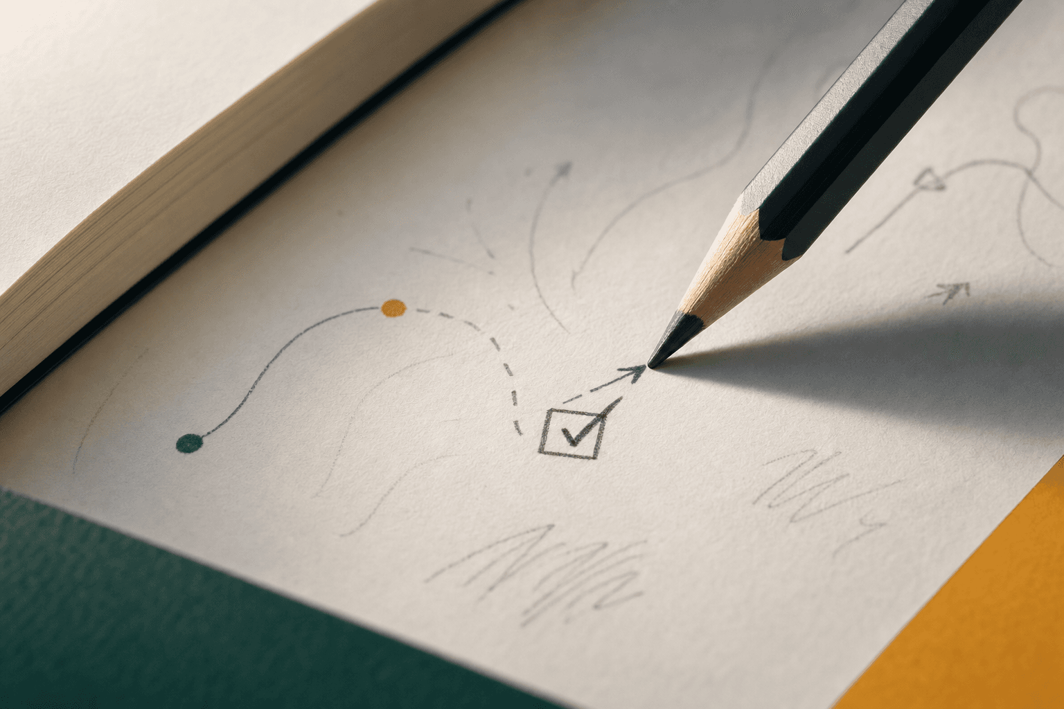 A pencil tracing a checked path across textured study paper