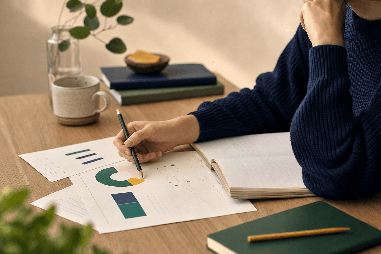 A tutor reviewing study notes beside a notebook and pencil